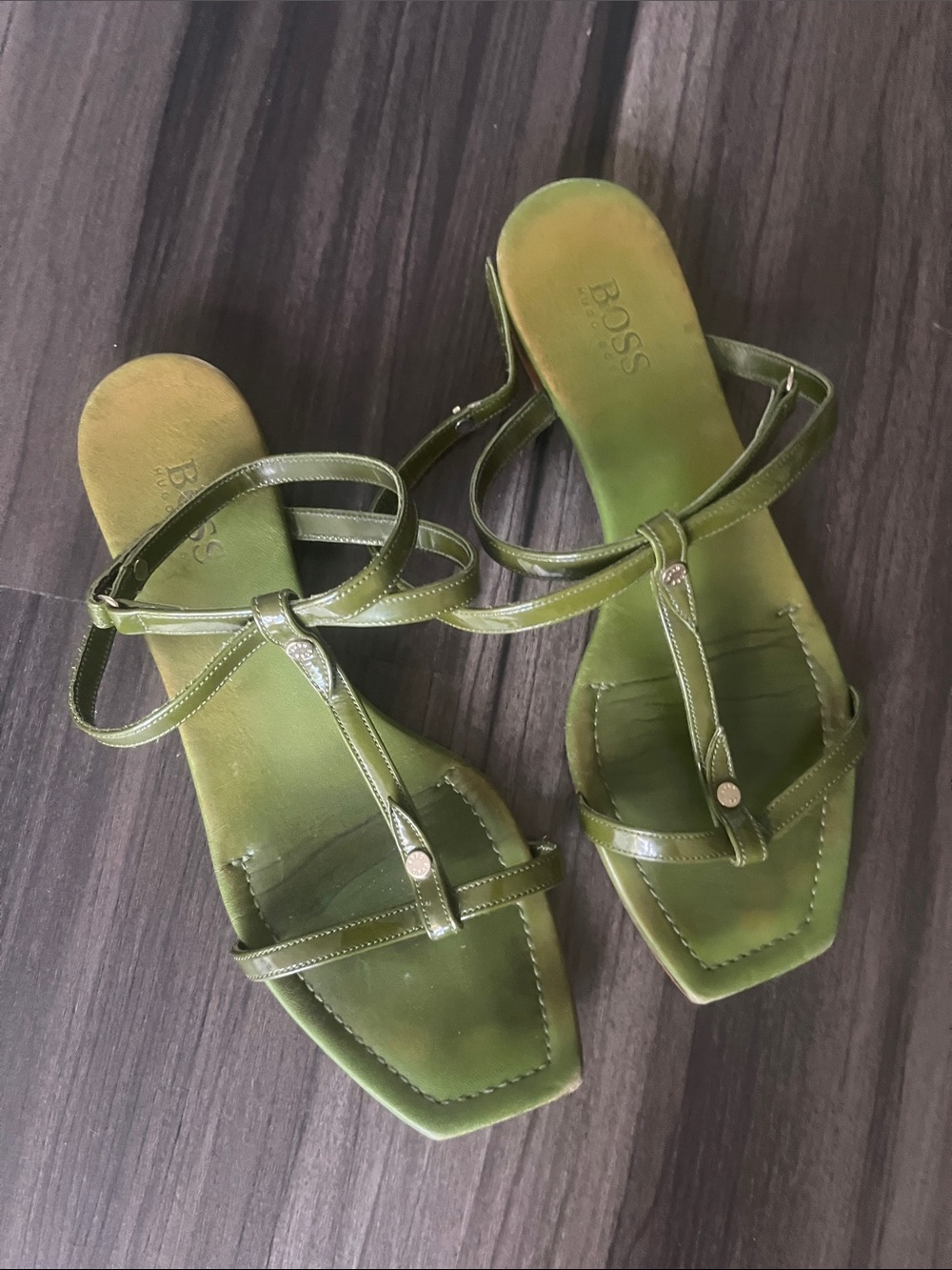 BOSS Olive Green Strappy Square-Toe Sandals